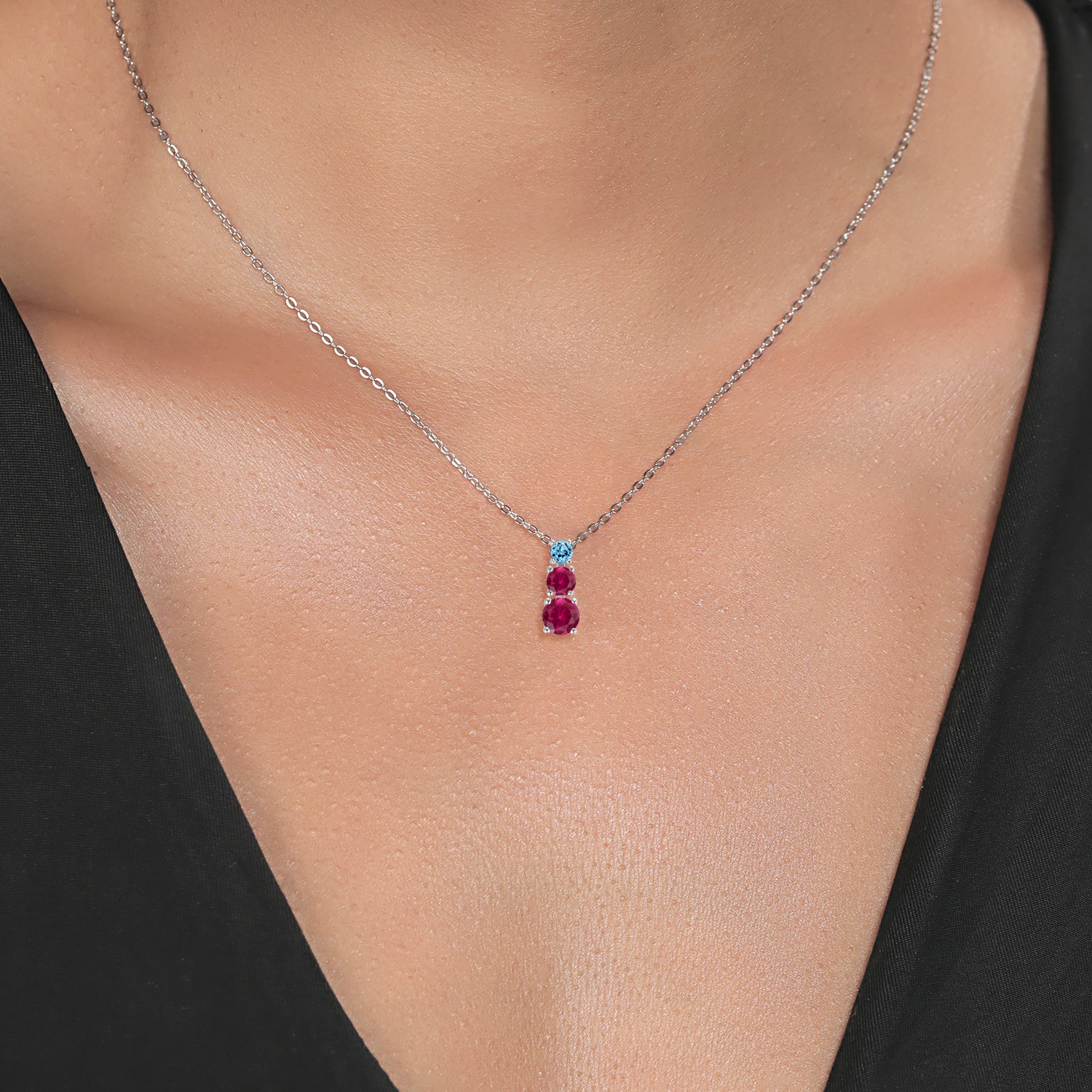 1.00ct Round Red Created Ruby Rhodium Plated 3 Stone Pendant for Women & Chain