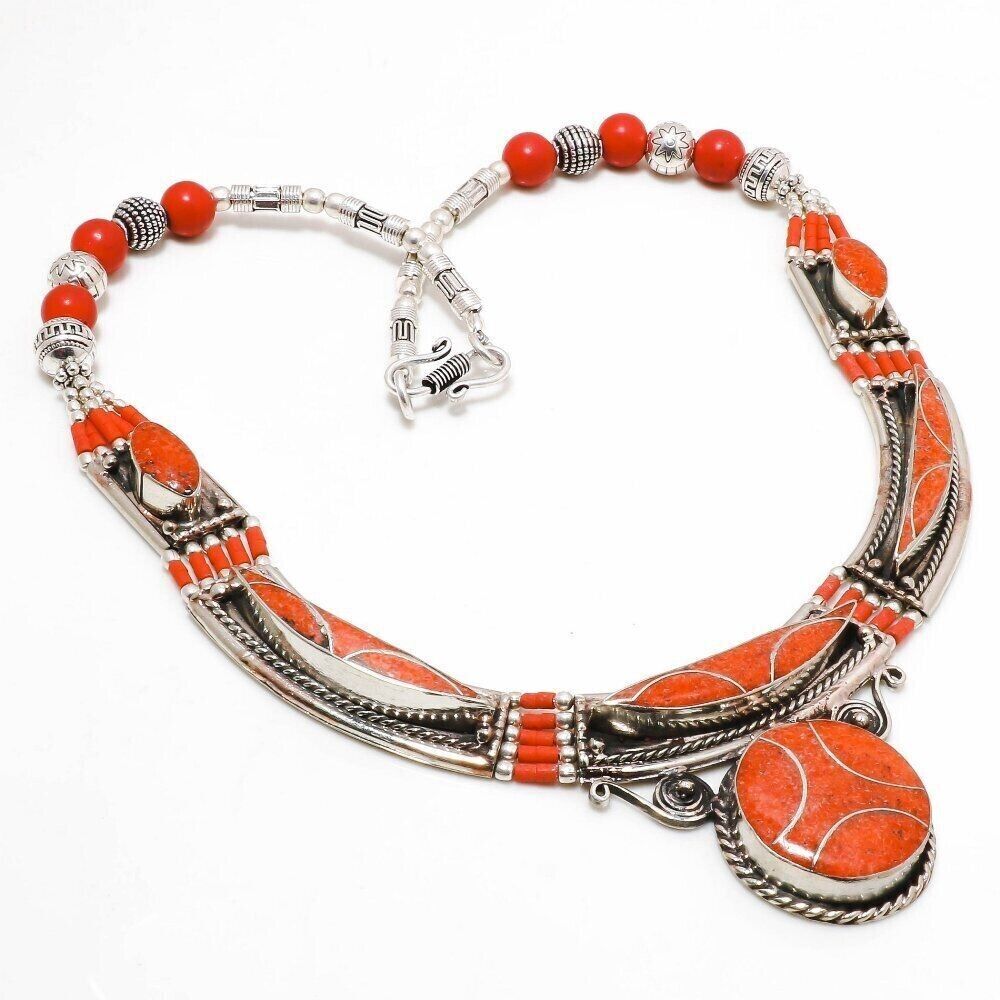 Red Coral Gemstone Tibetan Necklace Nepalese Handmade Nepali Jewelry 18″ N33