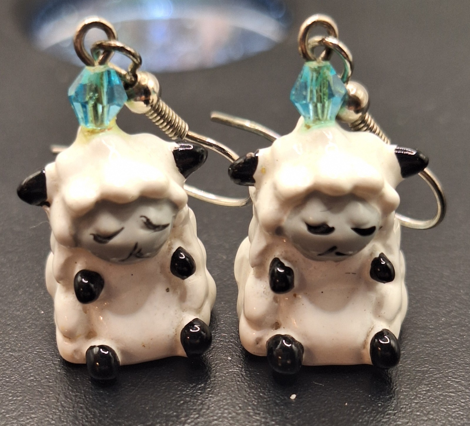 Sweet White w Gray Face Sleeping Lambs Glass Dangle Drop Hook Earrings