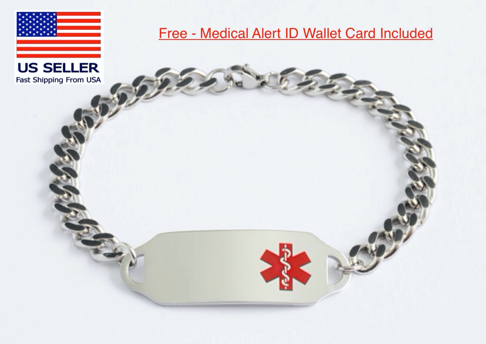 Medical Alert ID Bracelet -FREE ID Wallet Card,Engraving -Men’s Women’s USA