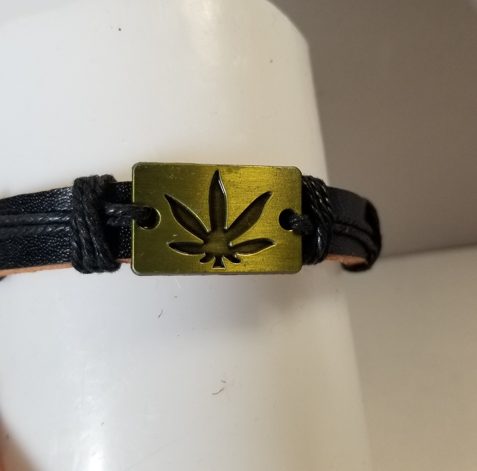Marijuana Leaf Adjustable Bracelet. Unisex Weed Leaf Black Leather