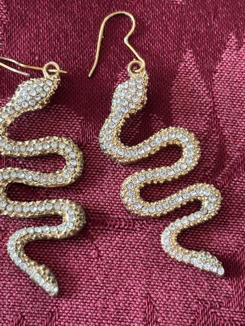 2 Pair Dangling Snake Earrings: Gold Color Metal Rhinestone & Mythology Tribal