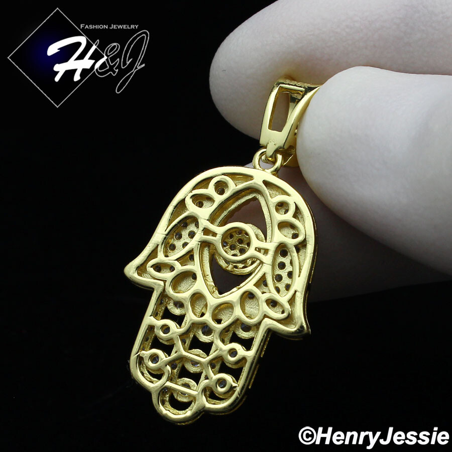 18-30″925 STERLING SILVER 2MM GOLD PLATED CHAIN CUBIC ZIRCONIA HAMSA PENDANT*257