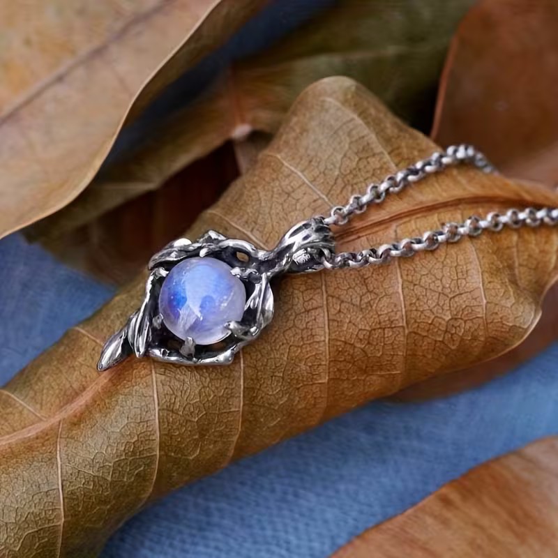Rainbow Moonstone Flame Pendant Necklace – Retro Vintage Style Women’s Jewelry