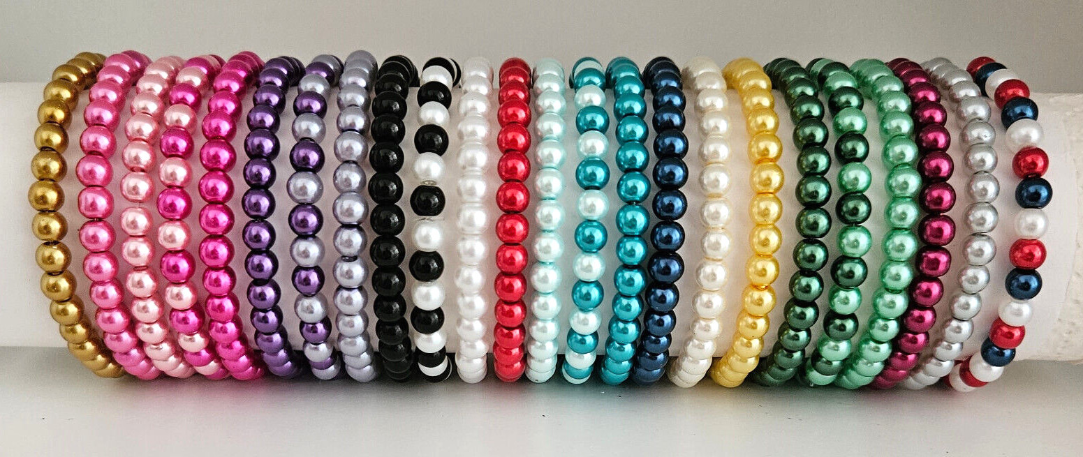 Elastic Glass Pearl Bead Bracelets – 24 Colours NEW