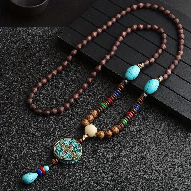 Vintage Nepal Buddhist Mala Necklace Wood Beads Fish Horn Pendant Ethnic Jewelry