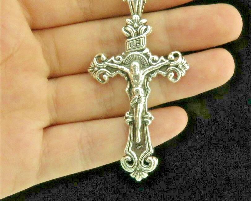 large JESUS CRUCIFIX CROSS pendant 24″ Sterling Silver 925 necklace chain men