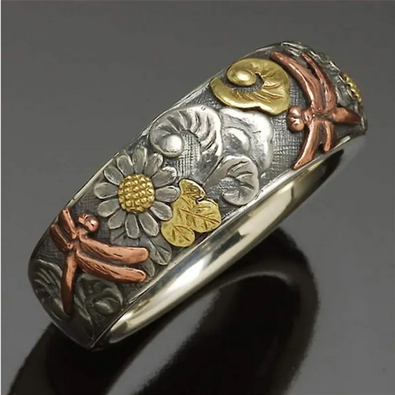 Dragonfly Flowers Stainless Ring Band Floral Nature Jewelry 3-Tone 2025