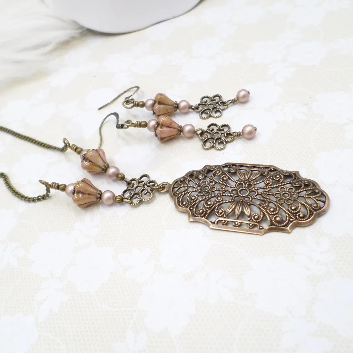 Victorian Style Brass Filigree Blush Pink Flower & Pearl Necklace Set