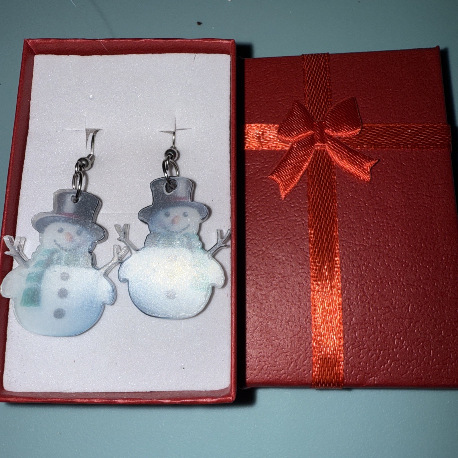 Pair Of Blue Snowman Acrylic Earrings 2D Flat Dangling Earrings 1 1/8 In Long