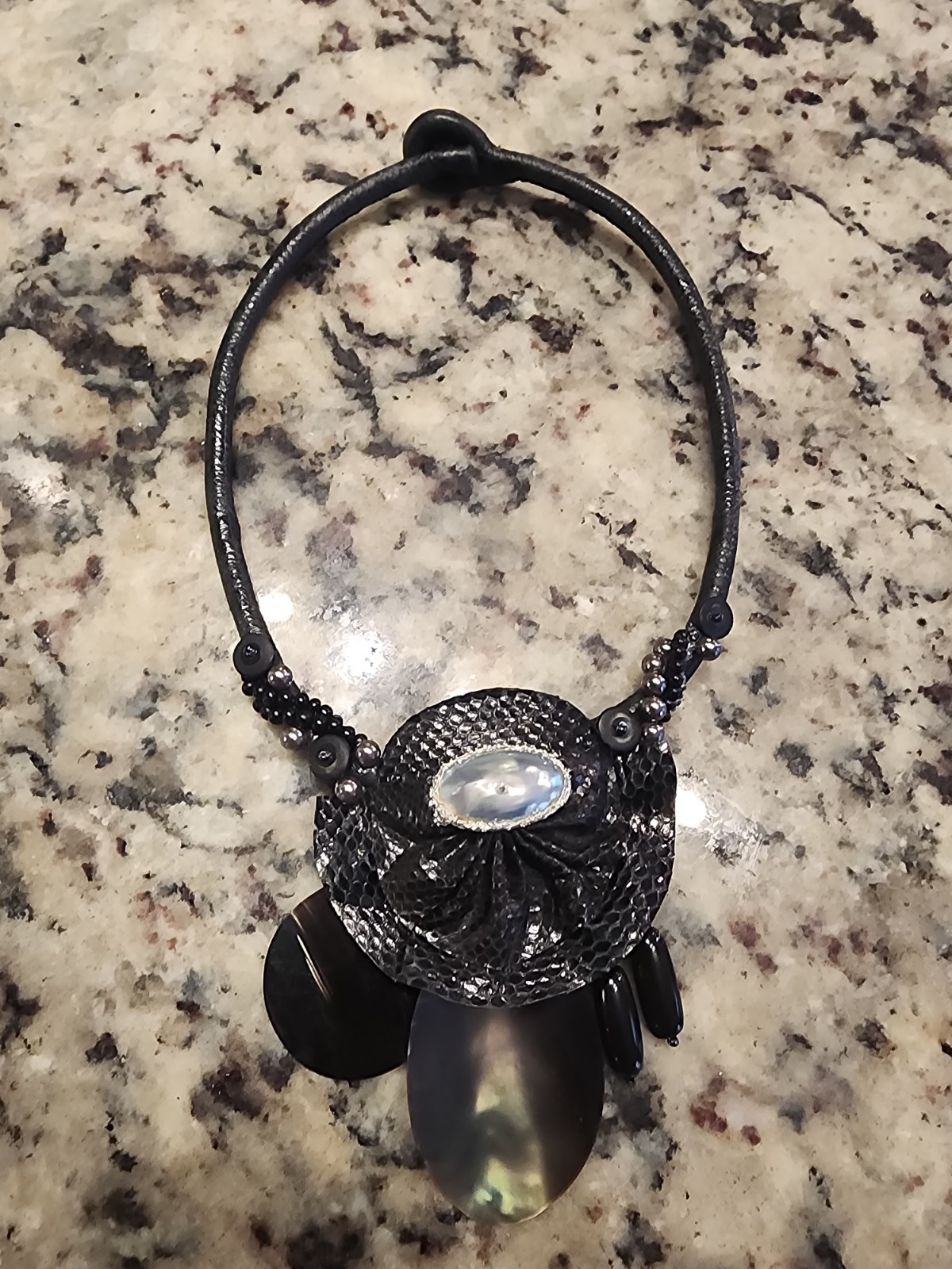 Artisan Black Leather Statement Necklace Iridescent Shell Pendant Boho