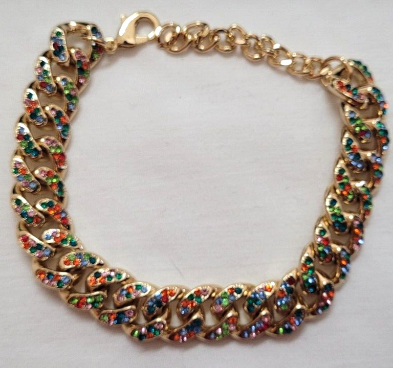 Beautiful Rhinestone Bracelet by Design 7″ to 8.5″ length .5″ wide Gold tone