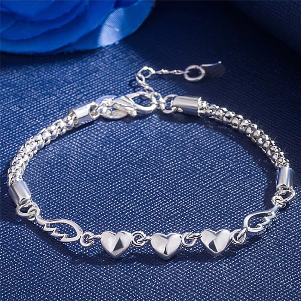 925 Sterling Silver Heart Charm Bracelet Women Beads Chain Love Jewelry 20cm