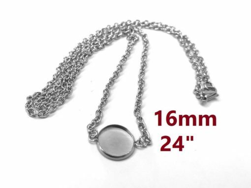 3 pcs. 304 Stainless Steel Silver Tone Chain Necklaces – 24″ (61cm) – 16mm Bezel