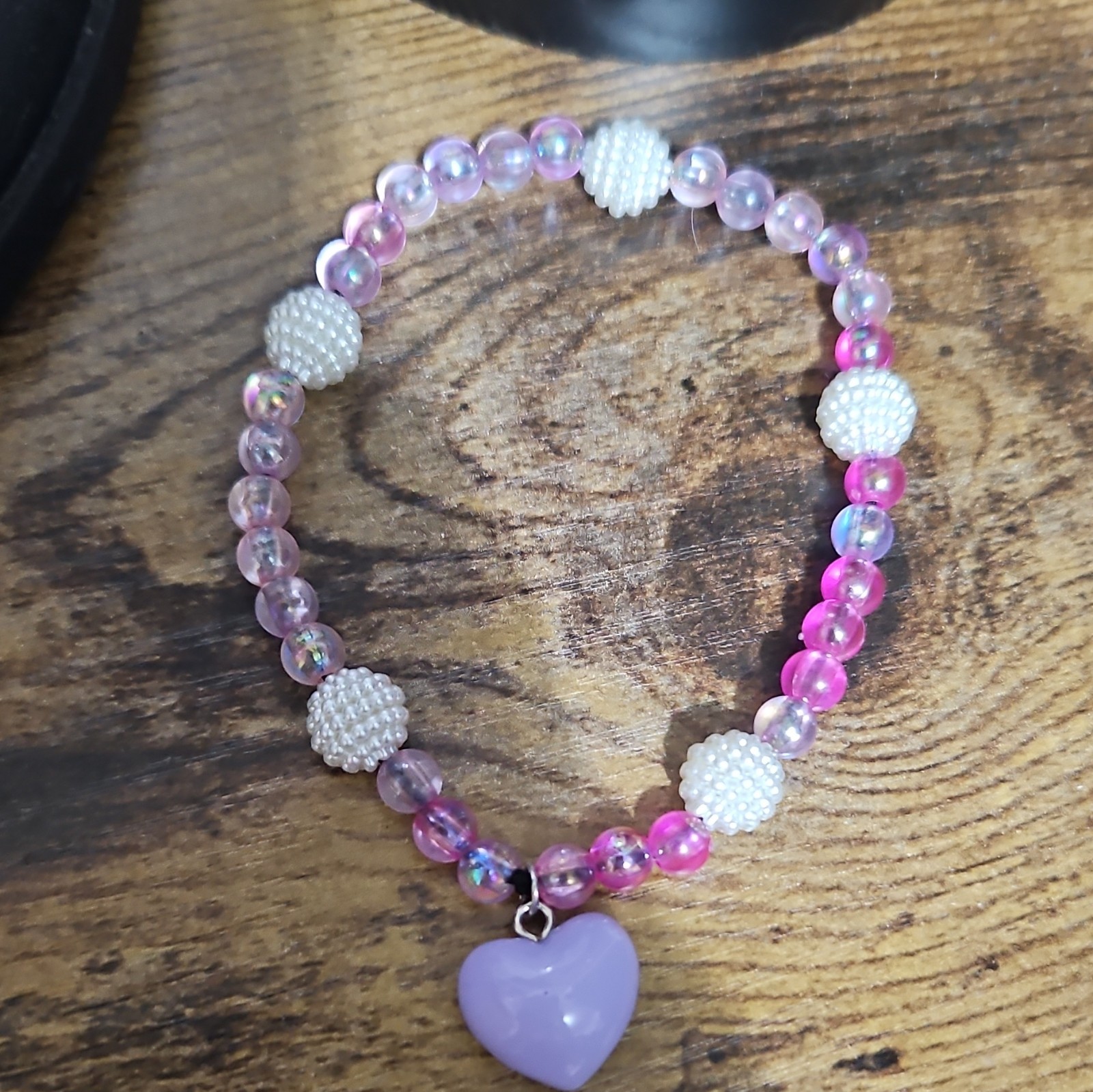 Pink Purple White Beaded Stretch Bracelet, Heart Dangle Charm Love 19 And 1/2 cm