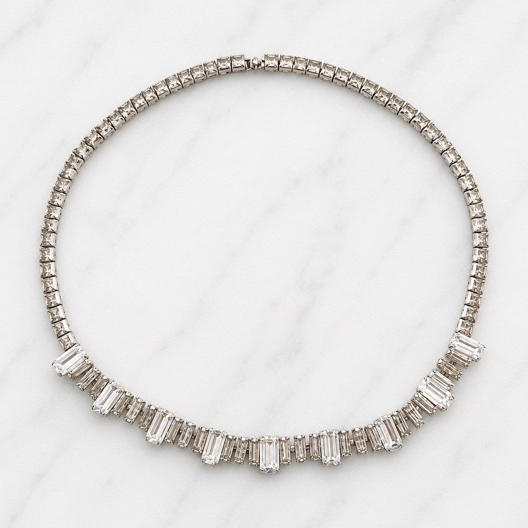 Silver Tone Clear Baguette Simulated CZ Tennis Chain Necklace vintage