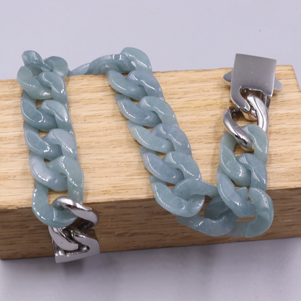 Real Grade A 100% Natural Blue Jade Jadeite Cuban Curb Link Bracelet 5.9-8.3inch