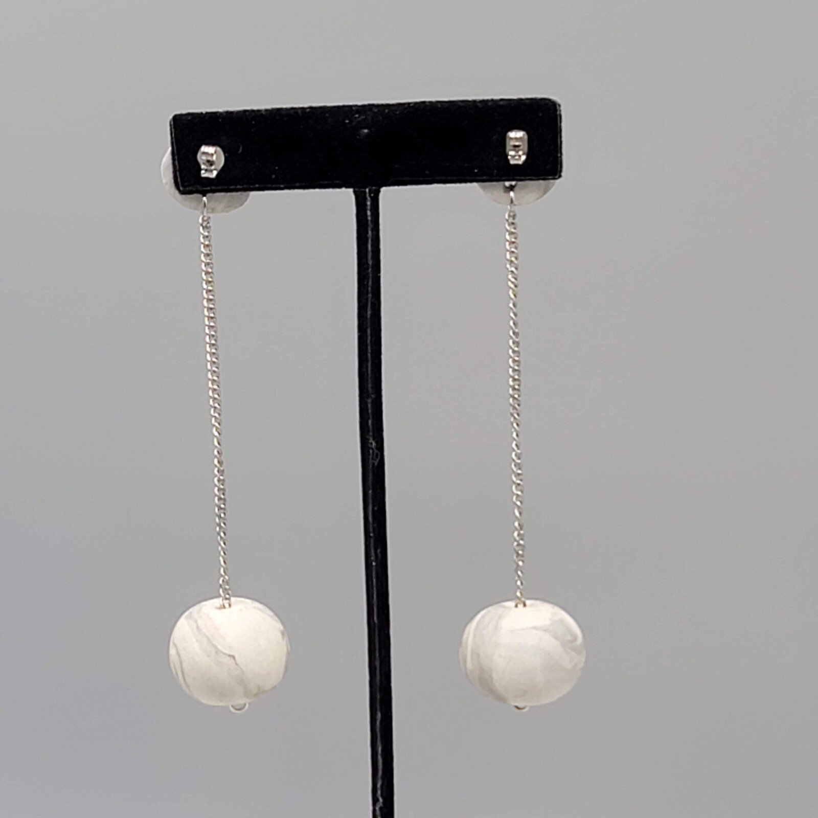 Polymer Clay Statement Pierced Earrings Silver tone Gray Dangle Long 3.75″