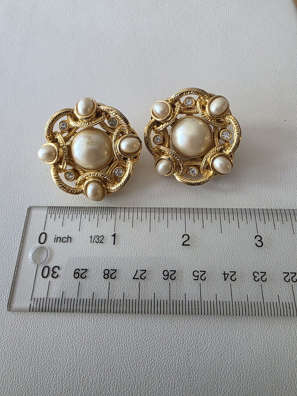 Vintage Gold Tone Clip-On Statement Earrings Imitation Pearl Rhinestone Round