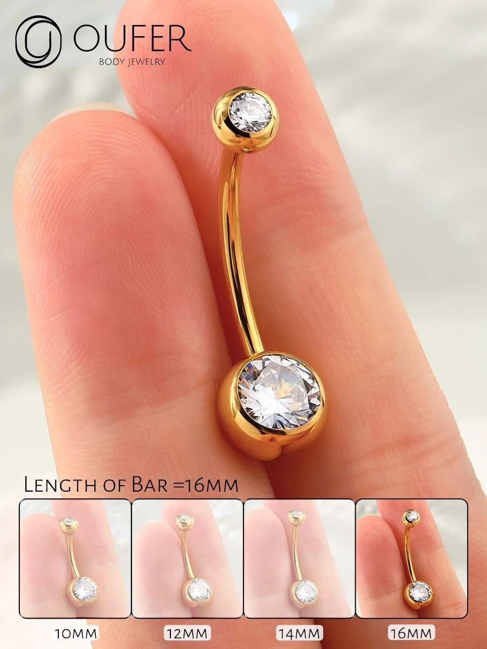 OUFER Gold Belly Button Rings, 316L Surgical Steel Internally 1.6*16mm,