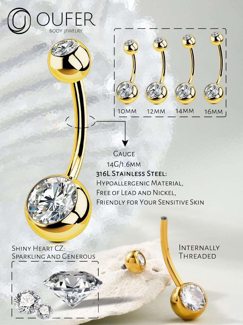 OUFER Gold Belly Button Rings, 316L Surgical Steel Internally 1.6*16mm,