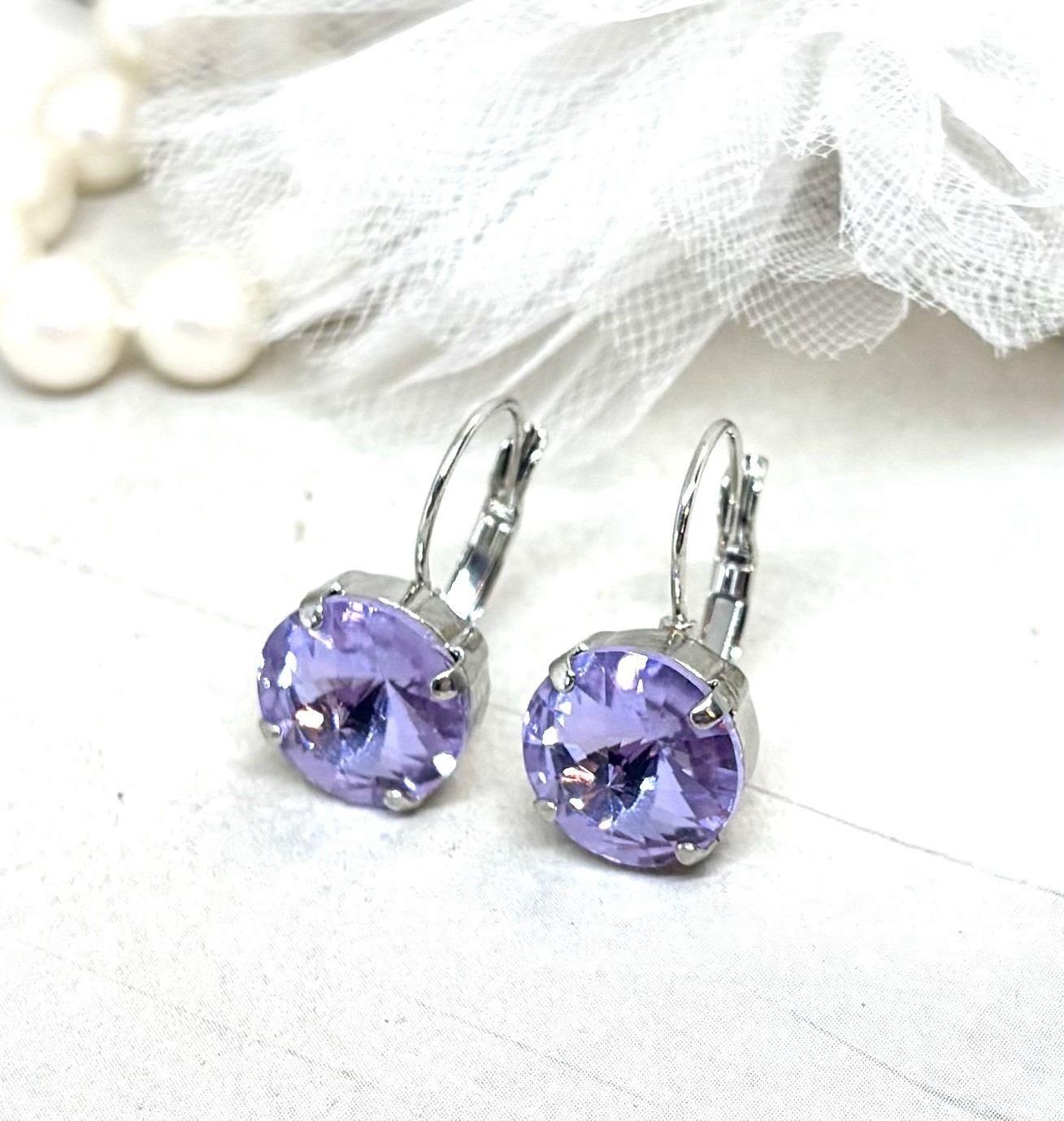 Antique Silver Violet Lavender Cup Chain Earrings, Purple Earrings