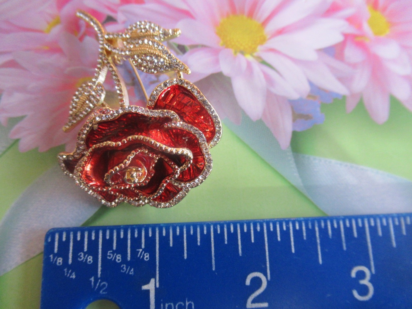 2.50″ DESIGNER STYLE BEAUTIFUL LAYERED RED ROSE CRYSTAL ENAMEL BROOCH NEW