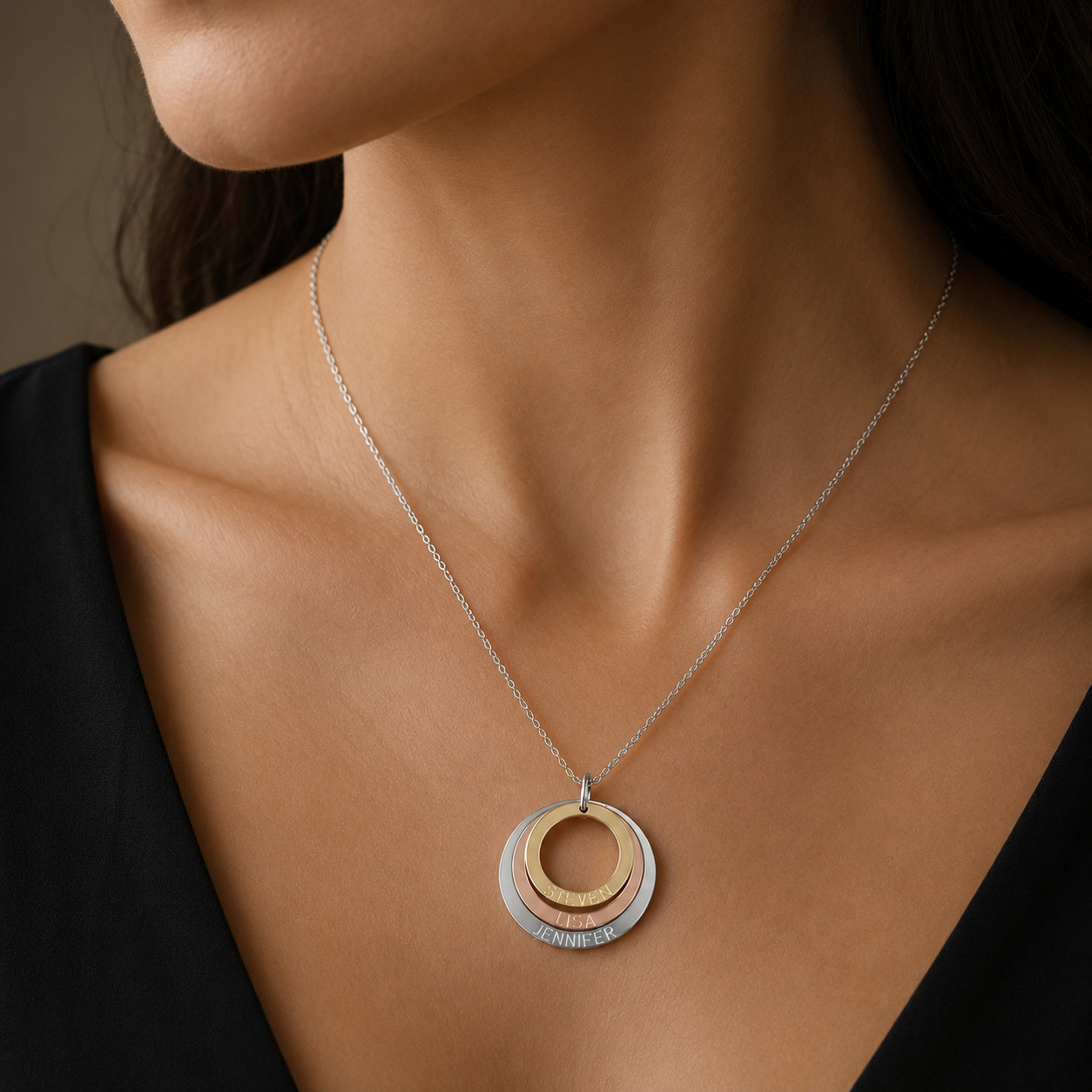 Three Tone Ring Engraved Mother Necklace personalized custom gift handmade