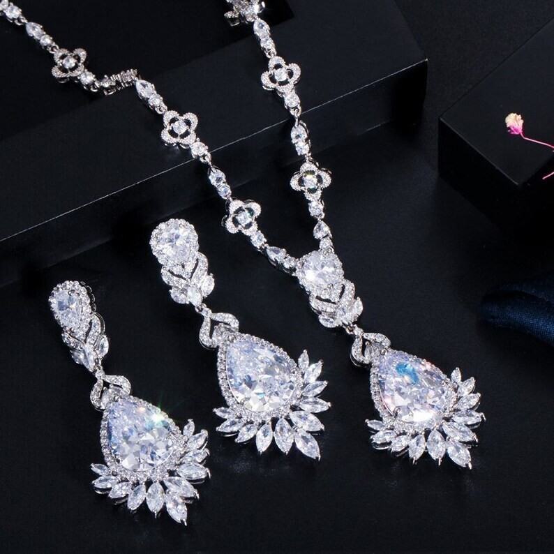 Wedding Jewelry White Gold Plated CZ Necklace and Earrings Bridal Jewelry Set
