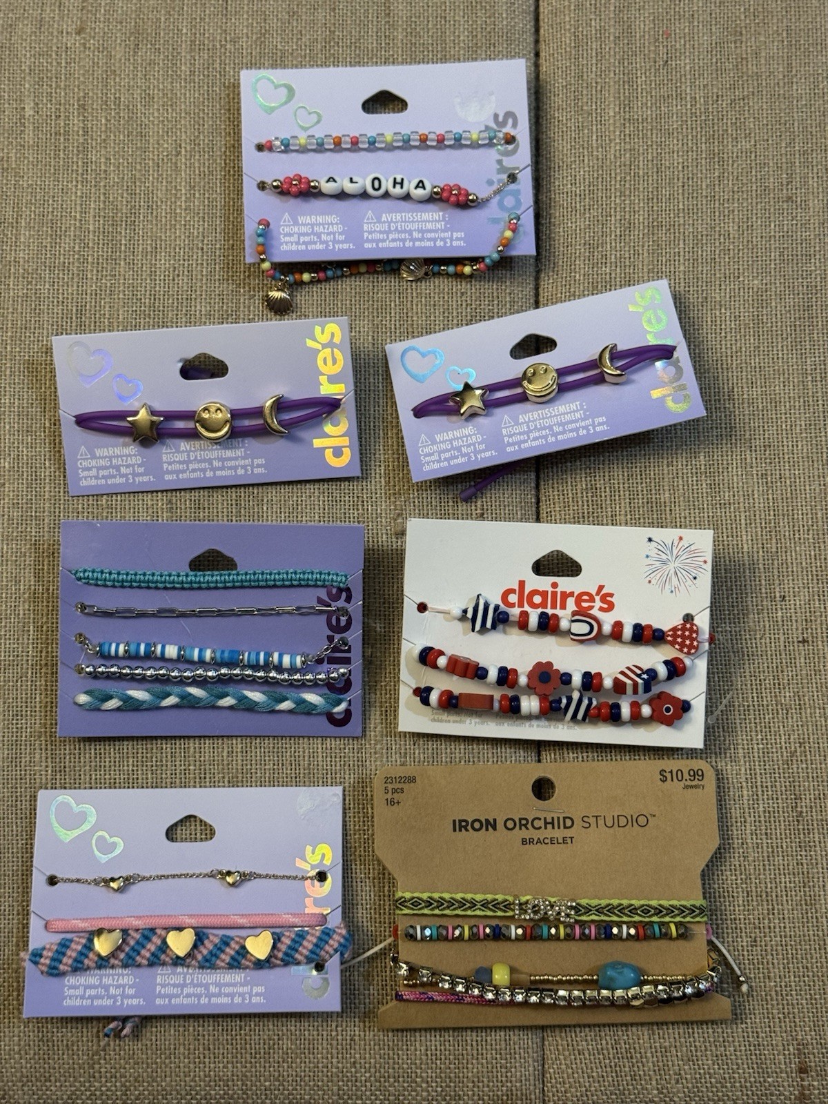 CLAIRES and Iron Orchid 7 cards of 21 Bracelets NWT #19