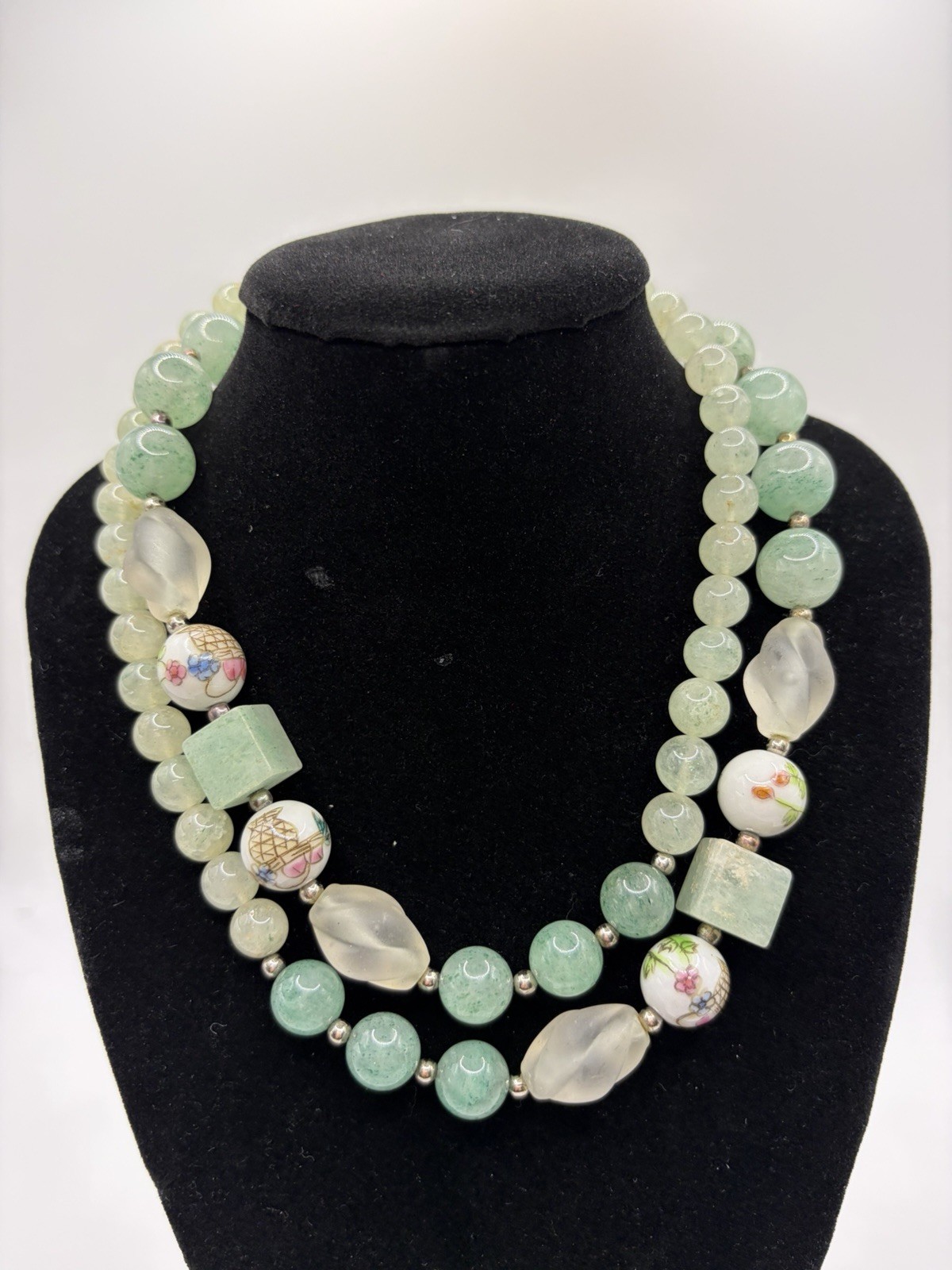Vintage Chinese Export Aventurine Necklace, Hand Painted Porcelain beads ROC
