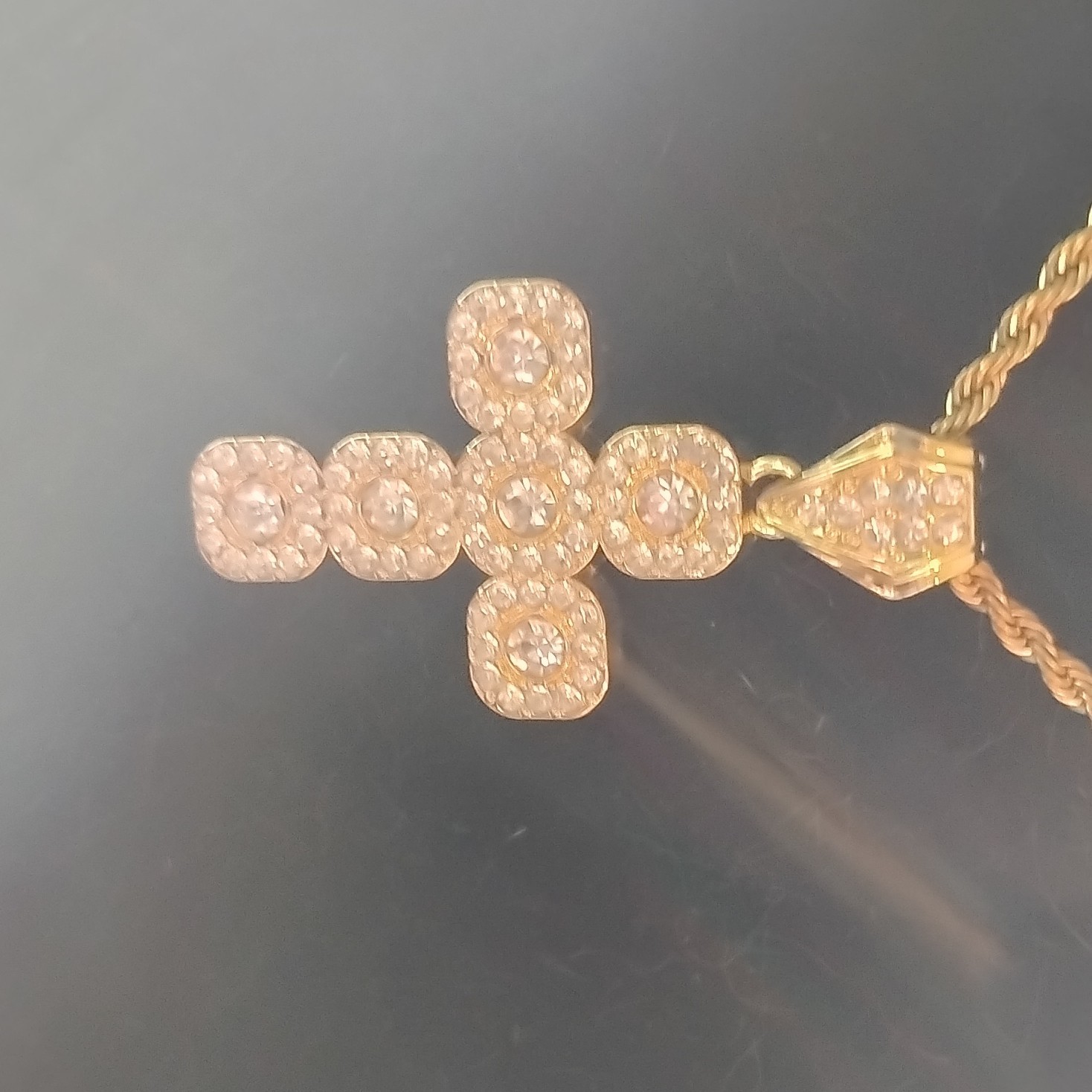 Gold Tone Rope Chain Crystal Cross Charm Pendant Necklace, Lobster Clasp