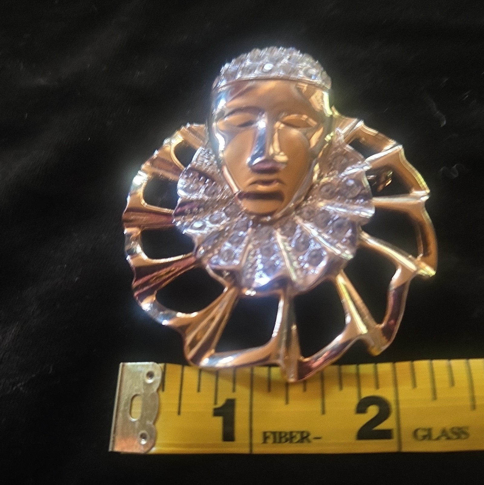 Gold Tone Clear Rhinestone Face Mask Brooch Pin, Pavé Setting, 2 in