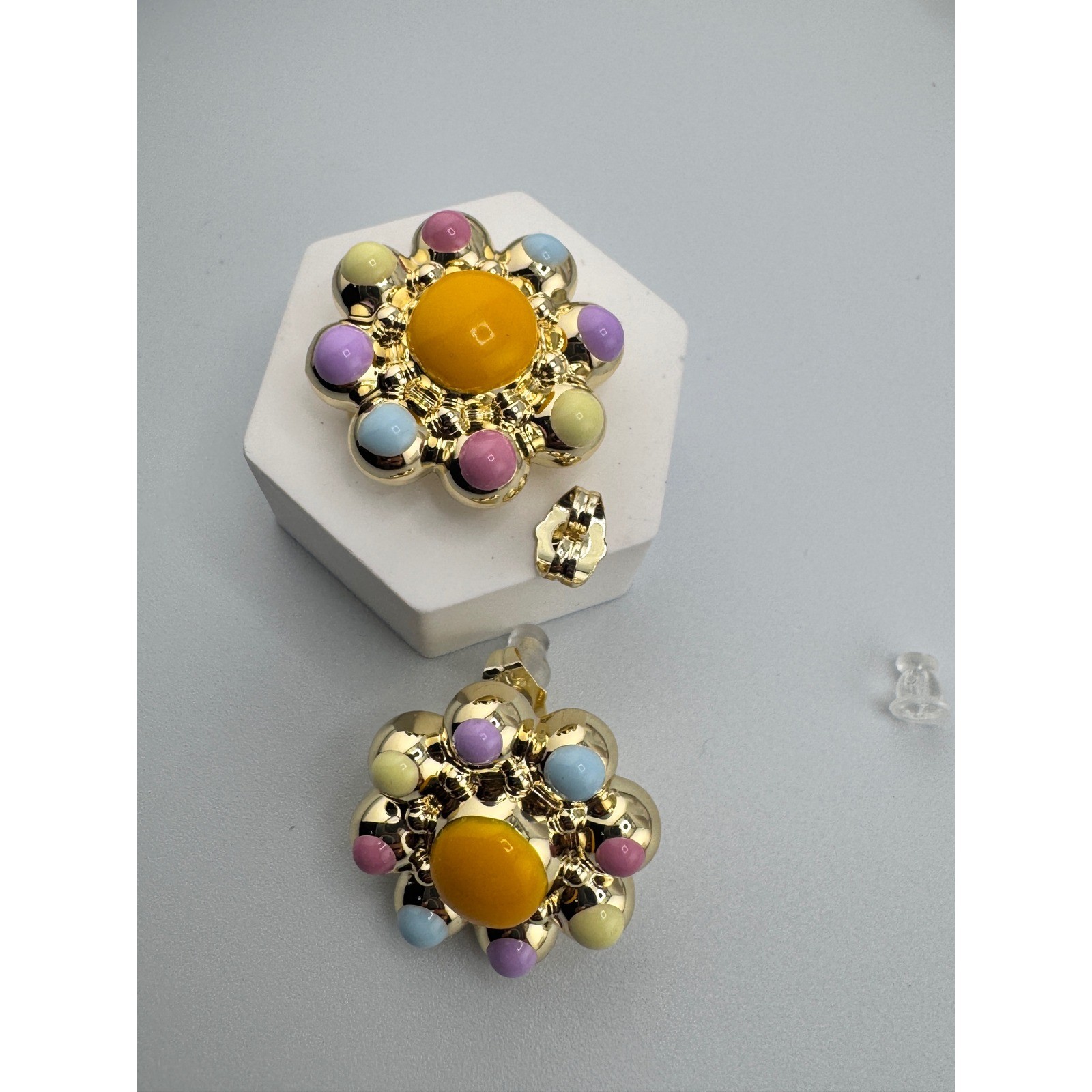 14K Gold Plated Pastel Floral Stud Earrings Colorful Enamel Flower Statement