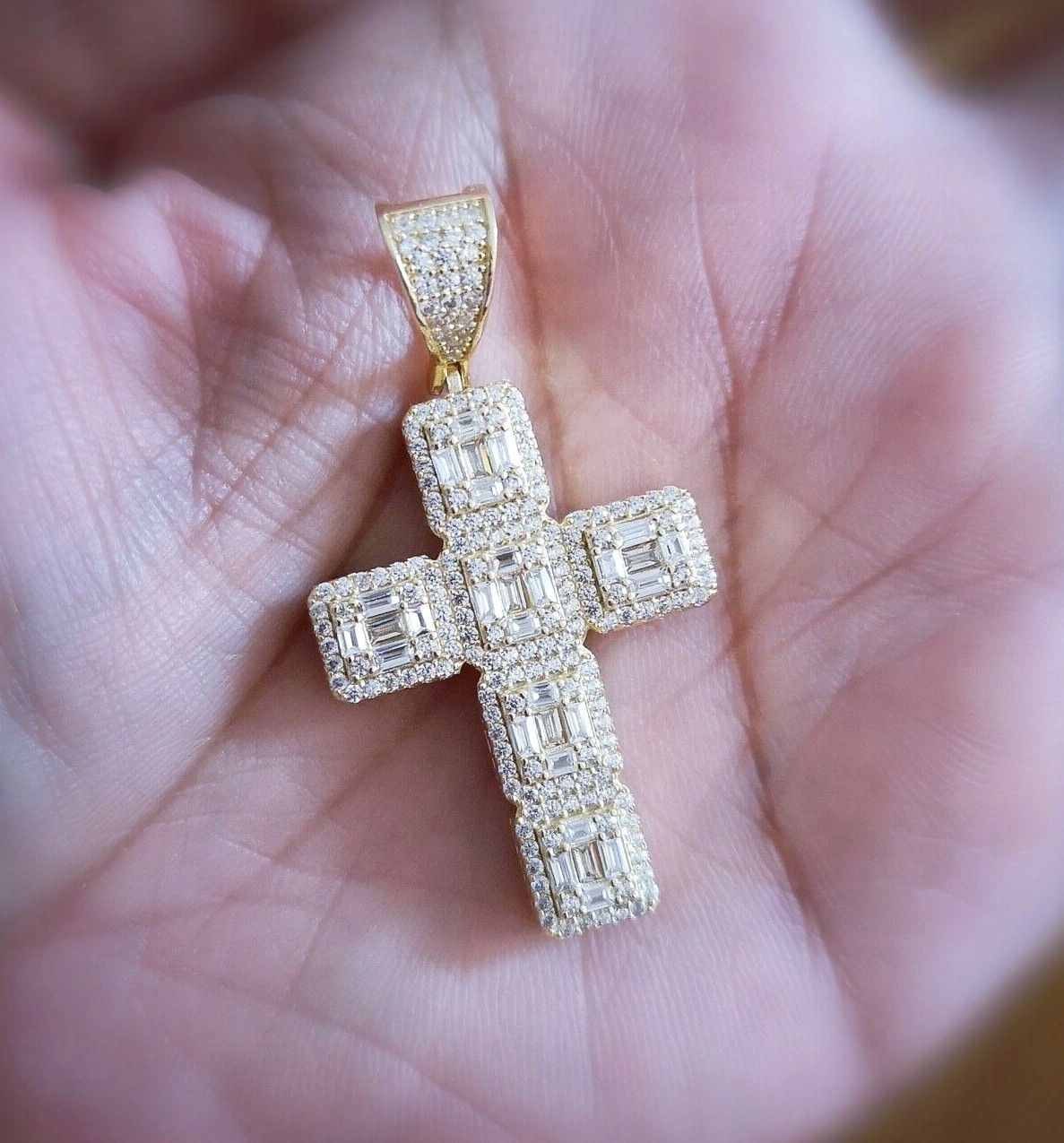 5 Ct Cross Pendant Necklace Simulated Diamond 14K Gold Plated Silver Womens Mens