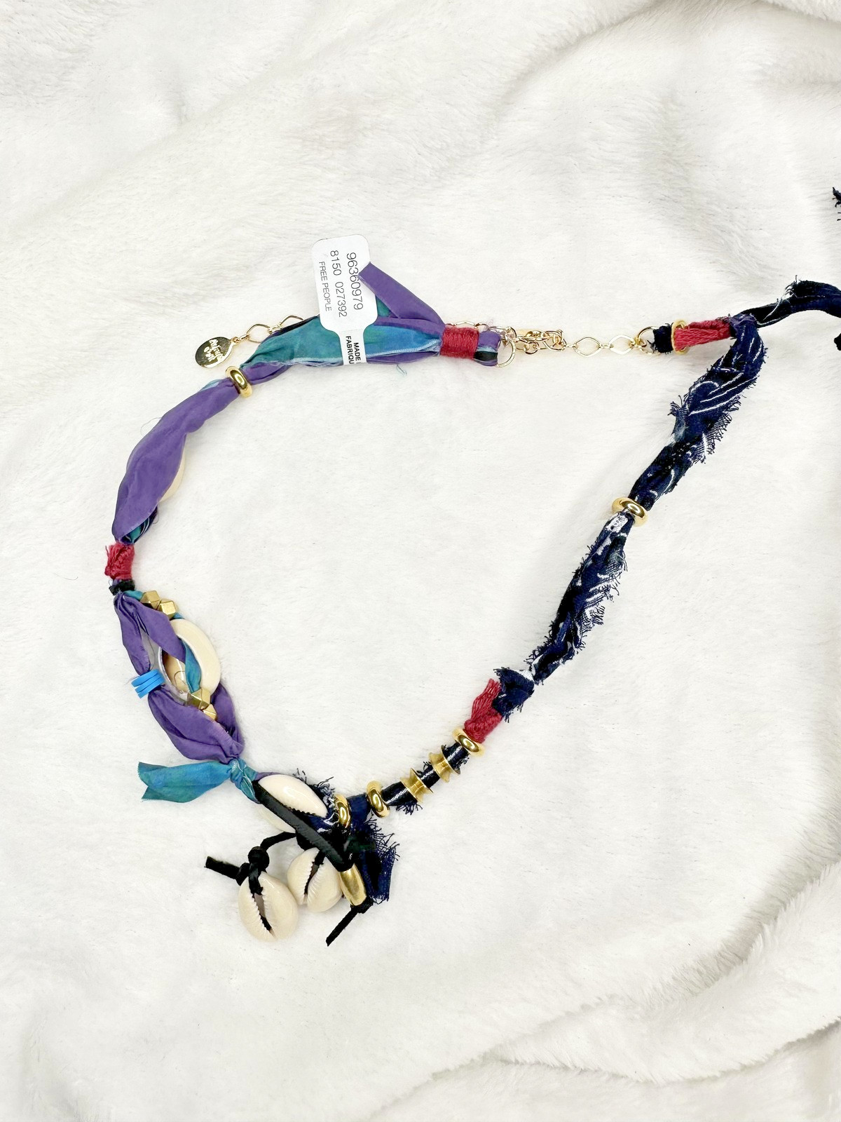 NEW Free People Boho Cowrie Shell Fabric Mixed Media Necklace Gold Adjustable