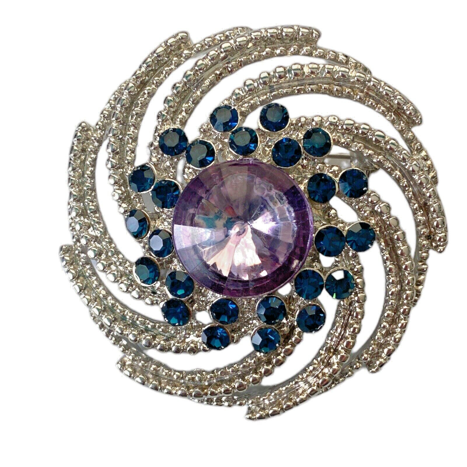 Vintage Faux Amethyst Purple Rhinestones Silver-Tone Large Brooch 2 1/8 in Round