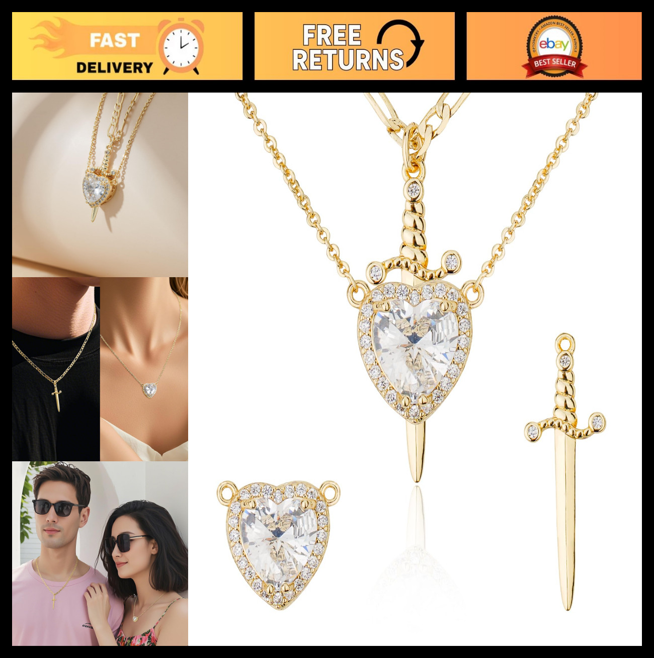 Couples Necklace Set – 14K Gold Plated Sword & Heart, Zirconia Jewelry Gift for