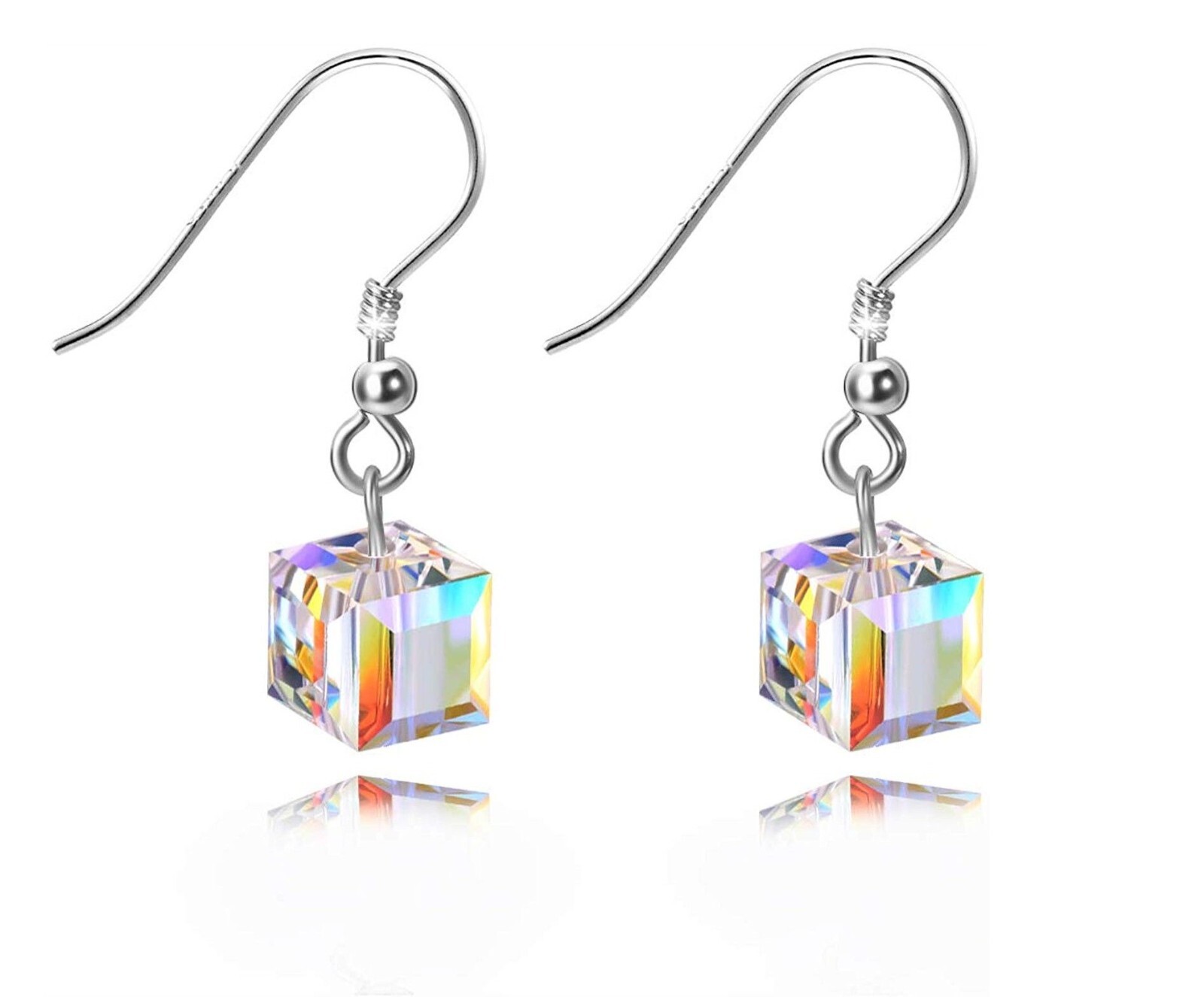18k White Gold Plated Aurora Borealis Crystal Cube Drop Hook Earrings
