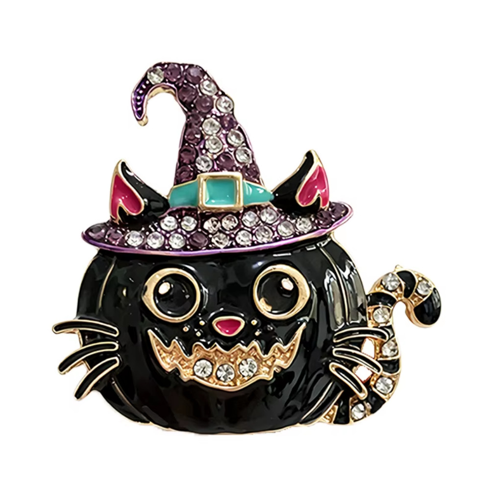 Halloween Black Witch Pumpkin Cat Brooch Pin Crystal Gold Statement Jewelry Gift