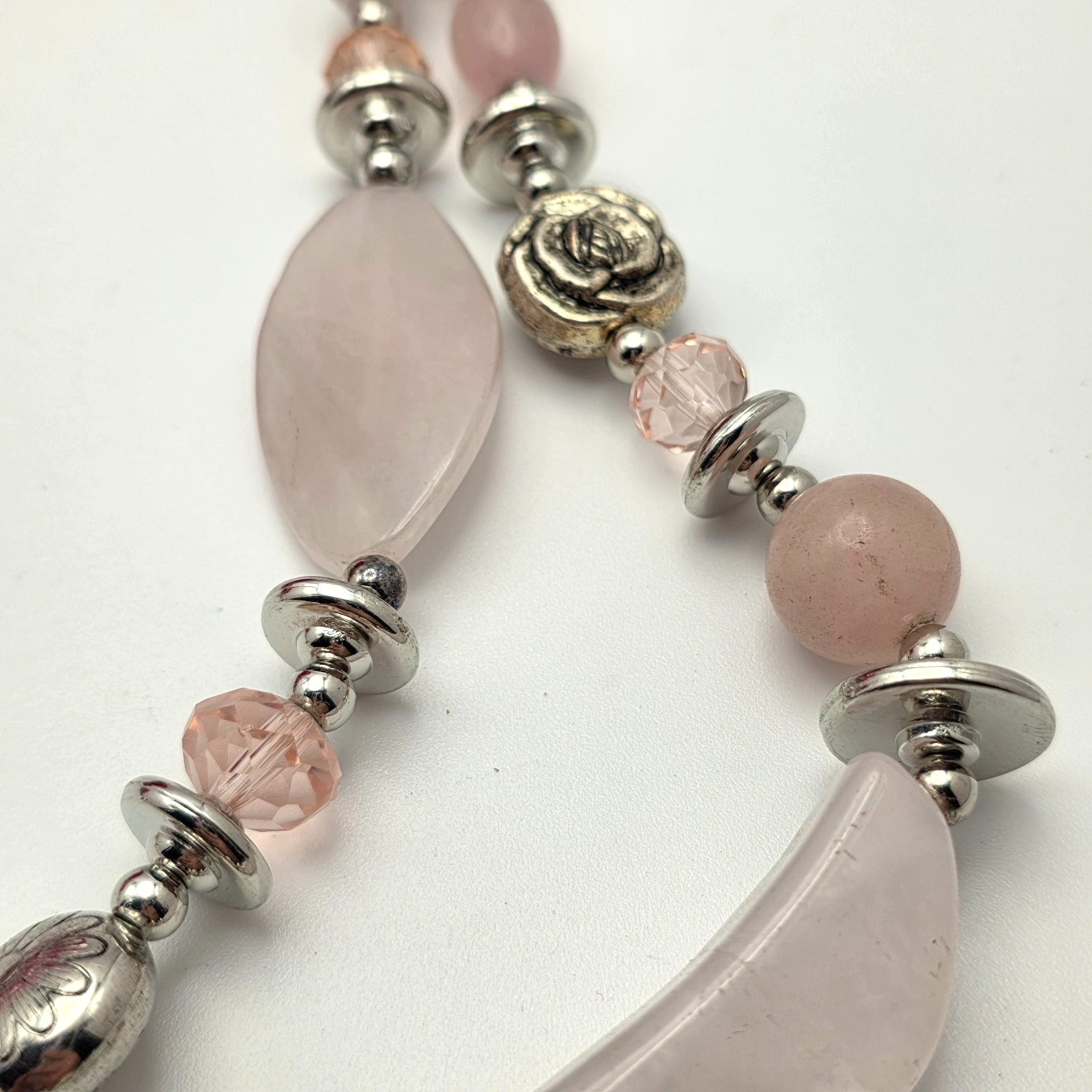 Rose Quartz Silver Tone Double Strand Statement Necklace 35 In Adjustable