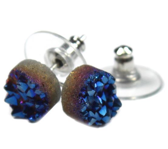 Druze Gemstone Crystal Earstud Earring Silver Brown Blue Rhodium Plated