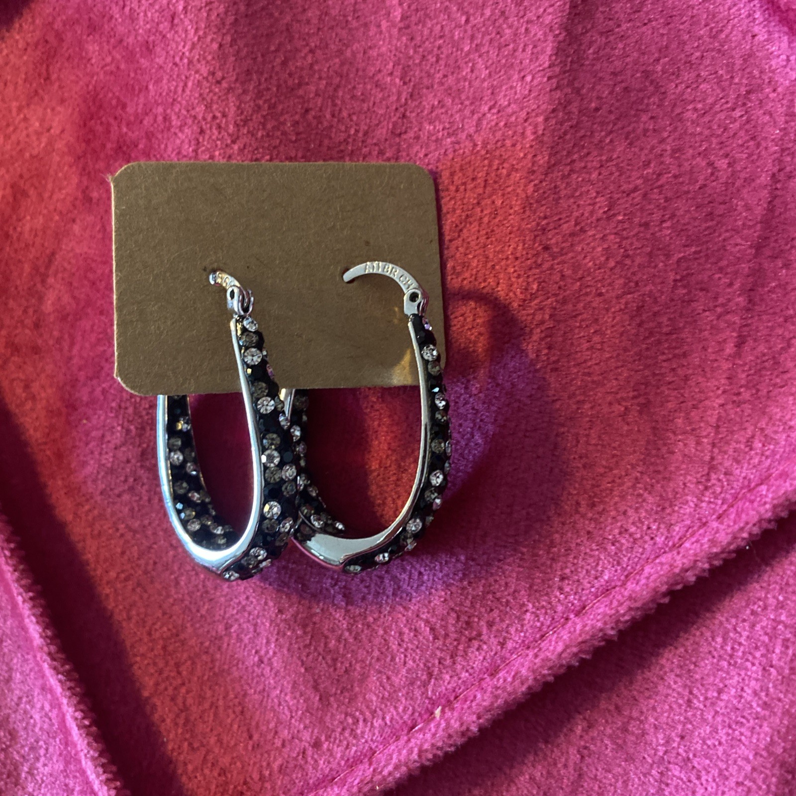 ATI BR CH Earrings Silver Black Gray Rhinestones Oval Hoop Dangle Drop Sparkly