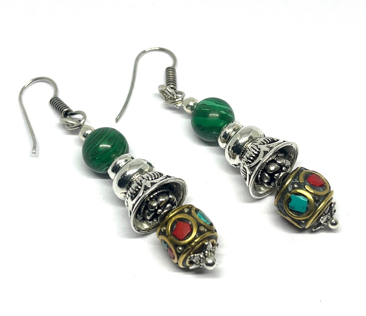 Turquoise Coral Malachite Gemstone Tibetan Handmade Earring Jewelry, 1.8 Inch