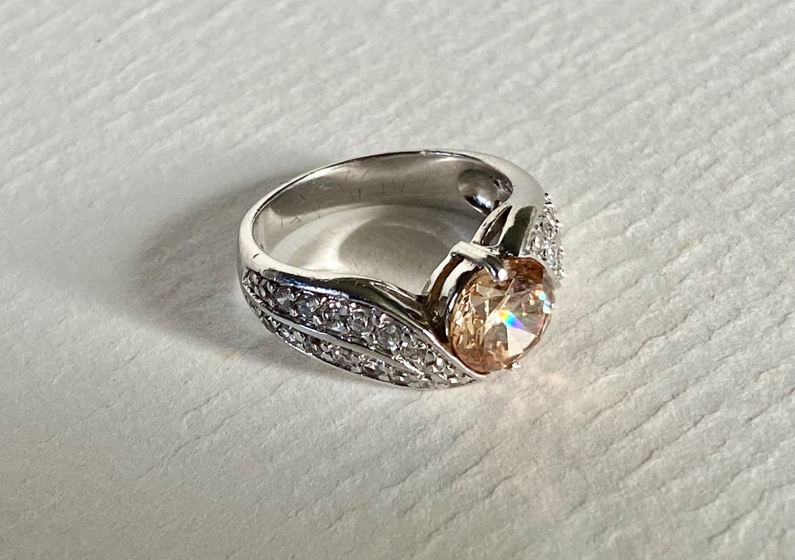 Sterling Silver Ring | Champagne CZ Centre & Clear Accents | UK Size P / 7½ /56