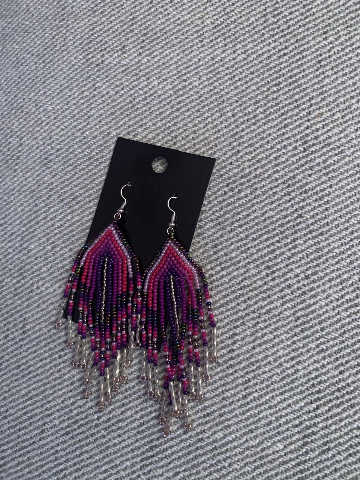 Maroon Burgundy Beaded Tassle Drop Earrings Silver Tone