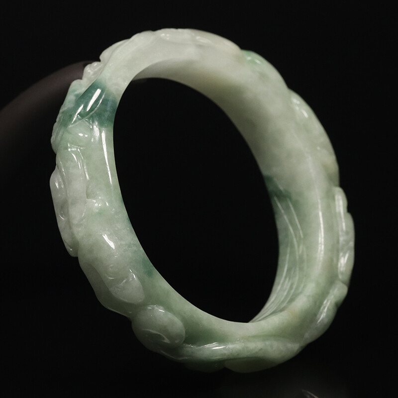 53mm White Green Jadeite Jade Bangle Bracelet Hand-carved Dragons 07709