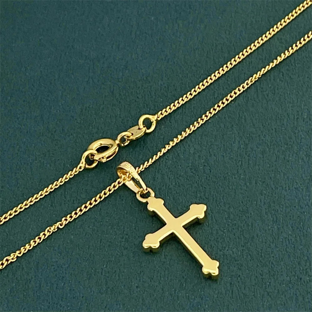 Women’s Delicate Cross Pendant Necklace,24K Gold, AU999 “Stability” engraving wi