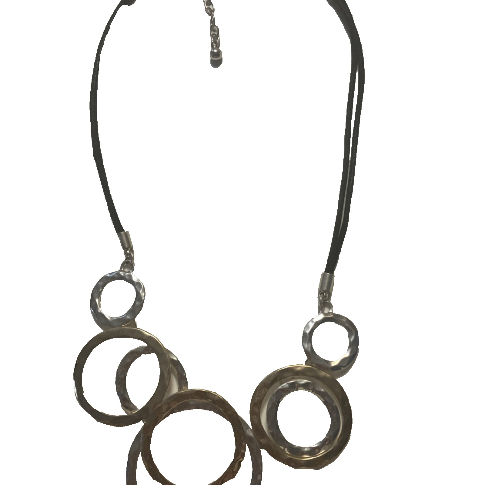 Silver Geometric Round Pendant Necklace Hammered Metal Rings Black Cord Gift