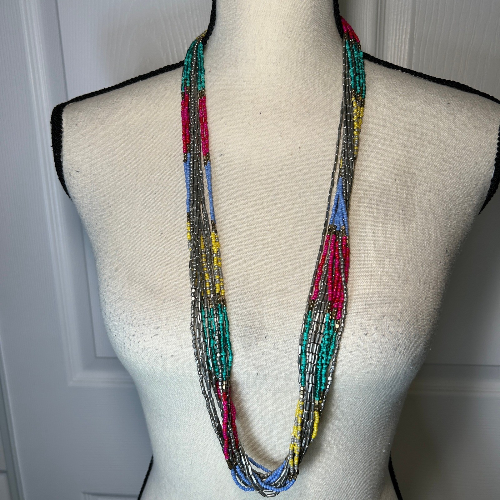 Multicolor Layered Beaded Necklace Silver Bar Toggle Boho Statement